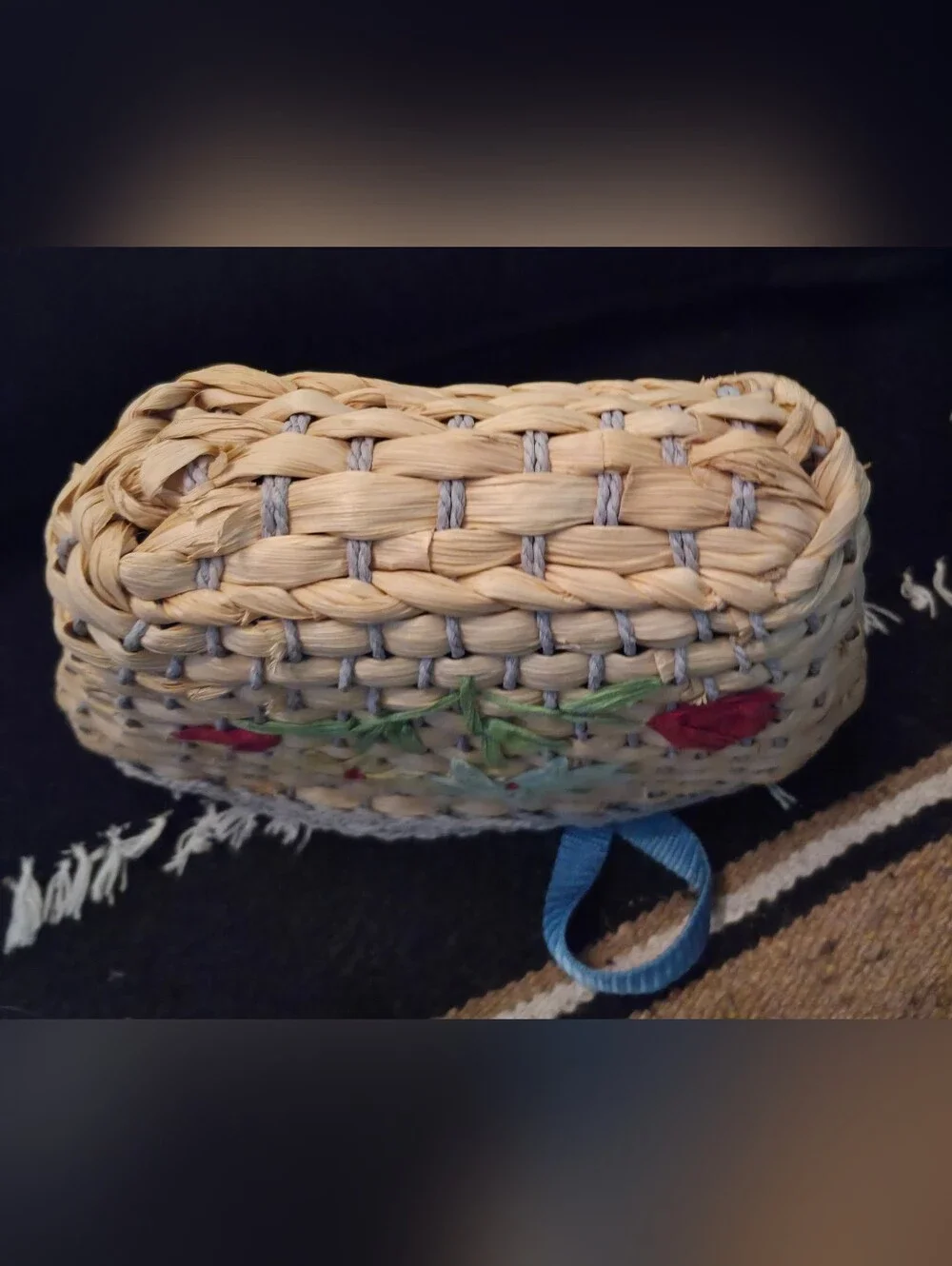 SMALL Woven Straw Floral Tote Bag with Blue Handles Hand Made